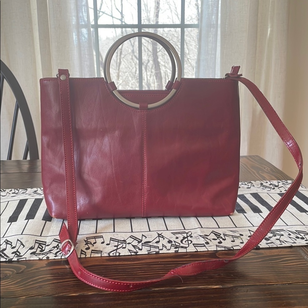 Source Unknown Red Shoulder Silver Matted Round Finish Handle Leather Bag